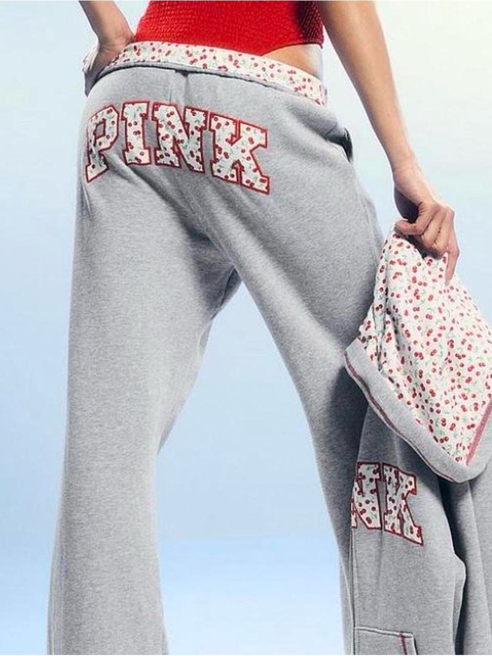 PINK Victoria's secret Frankie’s bikini Grey foldover cherry print sweatpants